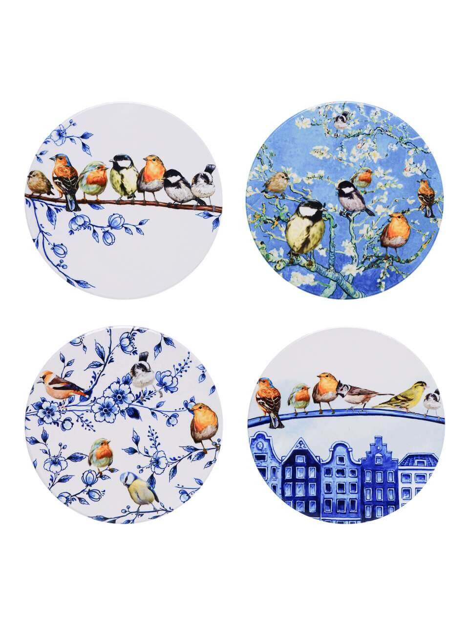 Glasbrikker med skovfugle, sæt af 4 | Heinen Delfts Blauw