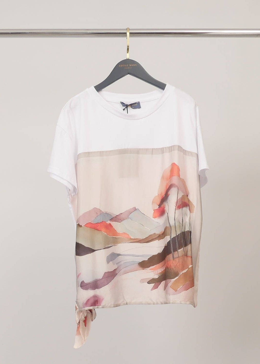 T-shirt i bomuld med trykt tørklædepanel KD8828-22 T-shirt Cécile Wang