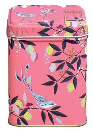 Tedåse Tin Pink med frugtplantage motiv Sara Miller London
