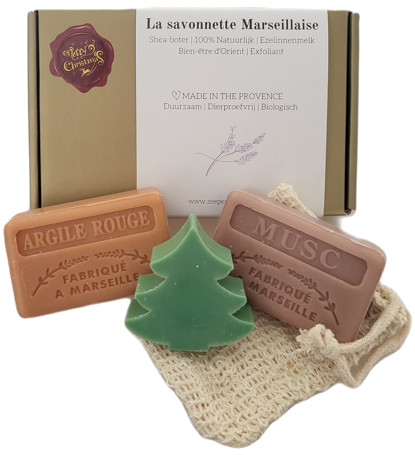 Julegave Sæbesæt - Rødt Ler, Musk & Juletræ med Sisal-pose | Savons.nl Marseille sæbe Savons.nl - Savon de marseille distributeur