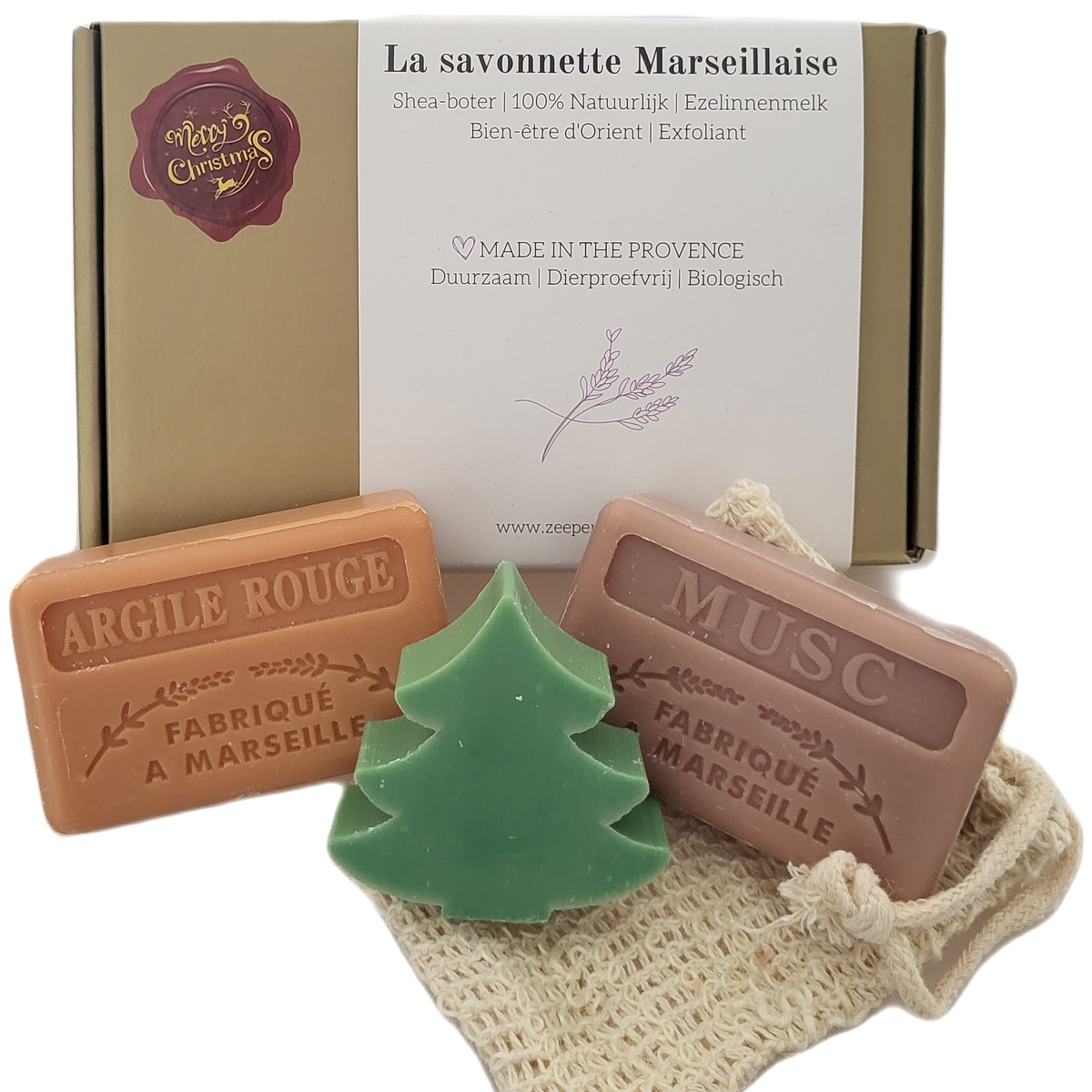 Julegave Sæbesæt - Rødt Ler, Musk & Juletræ med Sisal-pose | Savons.nl Marseille sæbe Savons.nl - Savon de marseille distributeur