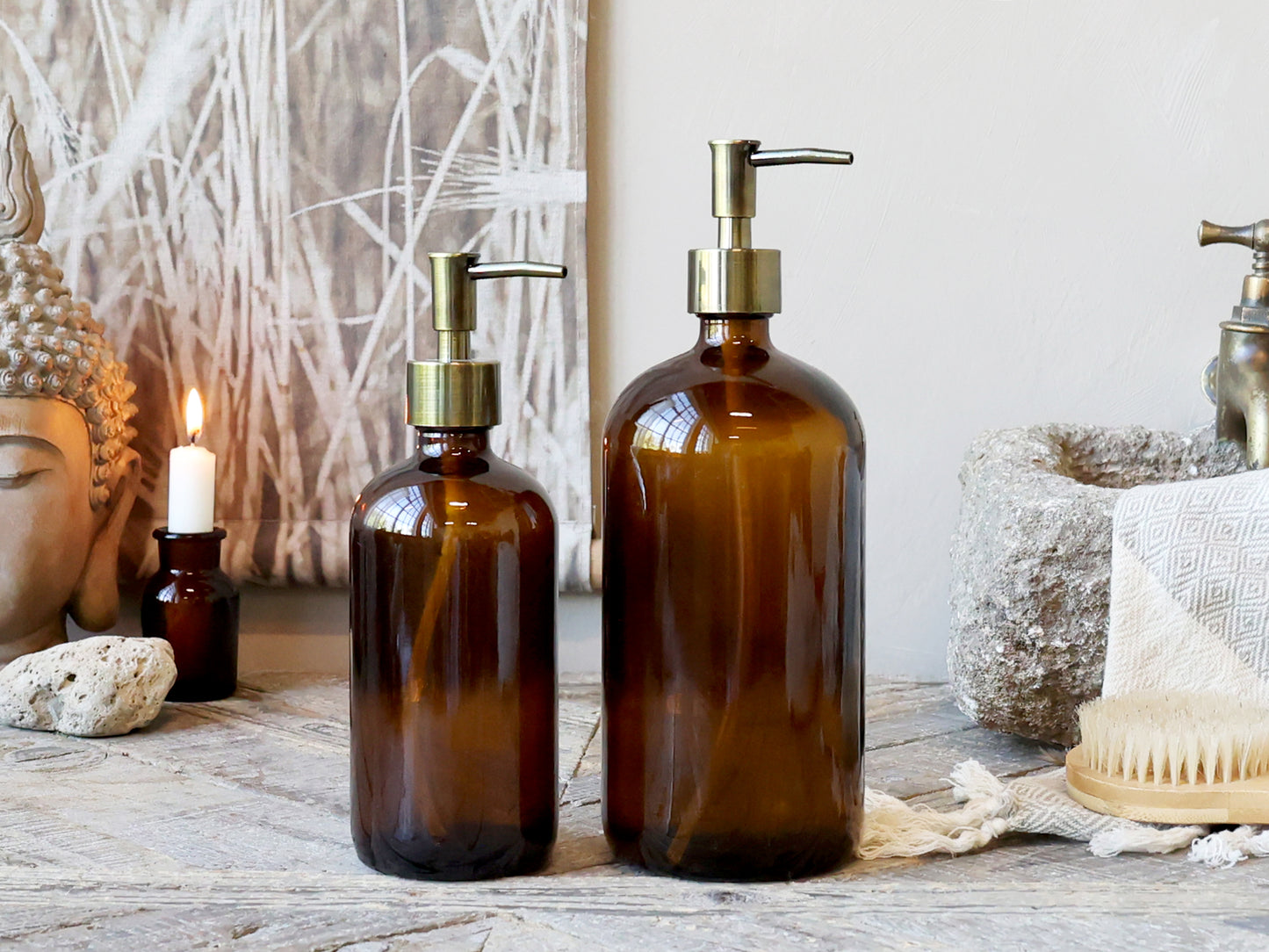 Flaske moccafarvet glas med 2 pumper 1000 ml