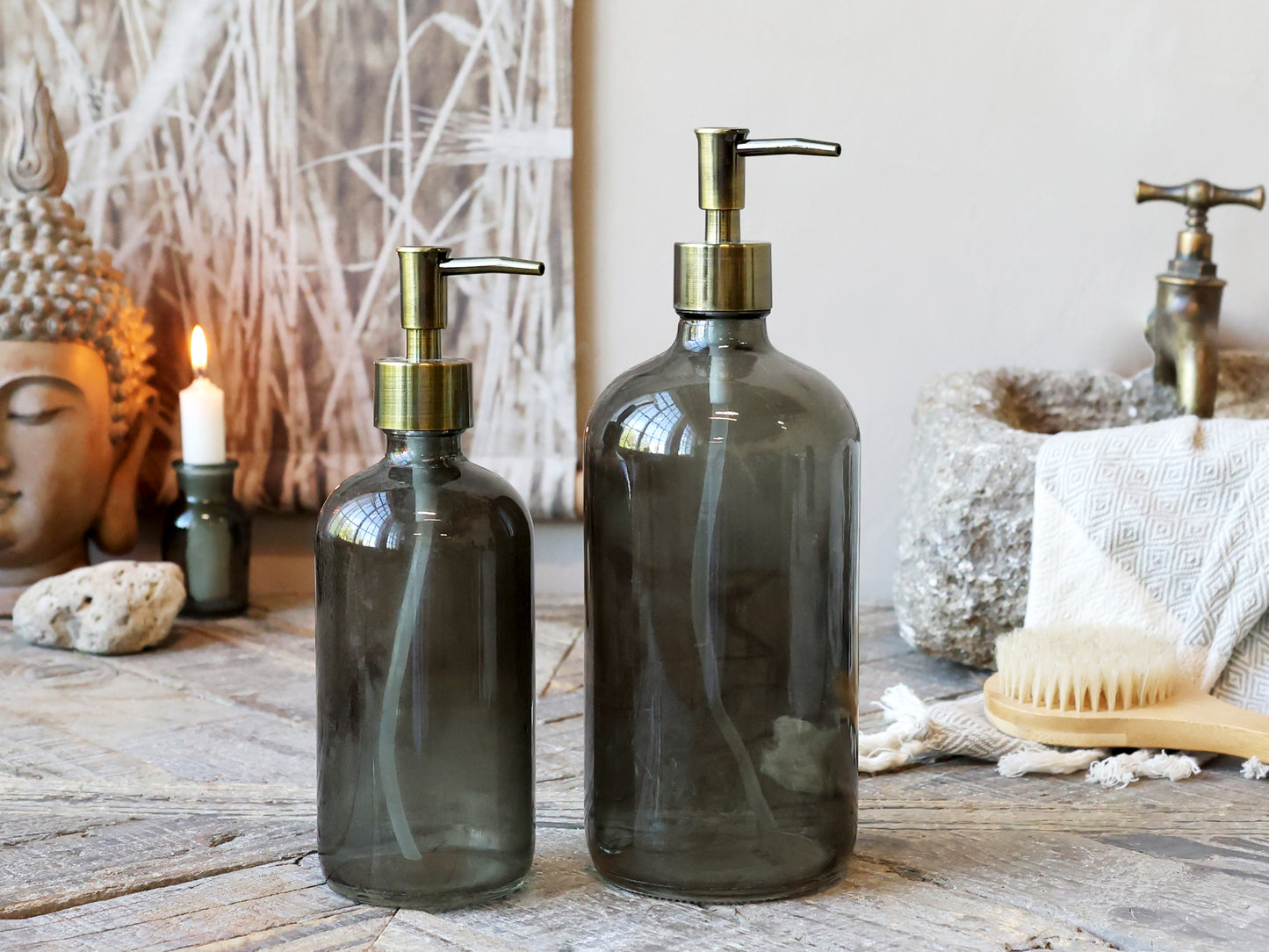Flaske Kul farvet glas med 2 pumper 1000 ml
