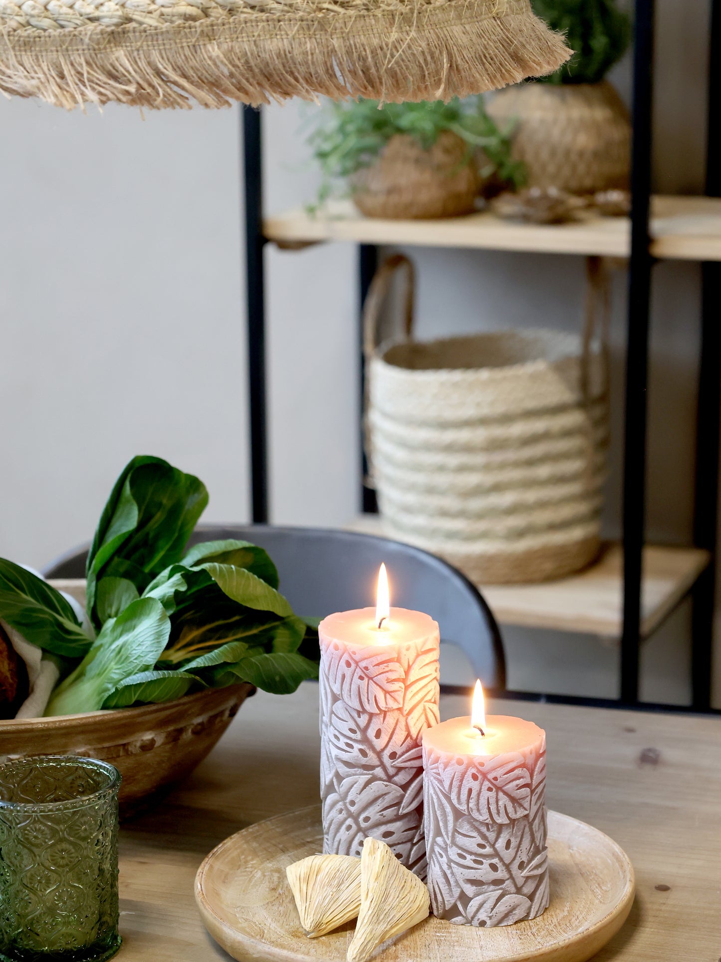 Macon Bloklys med Bladmønster Hør 45 Timer H10 cm - Chic Antique Chic Antique