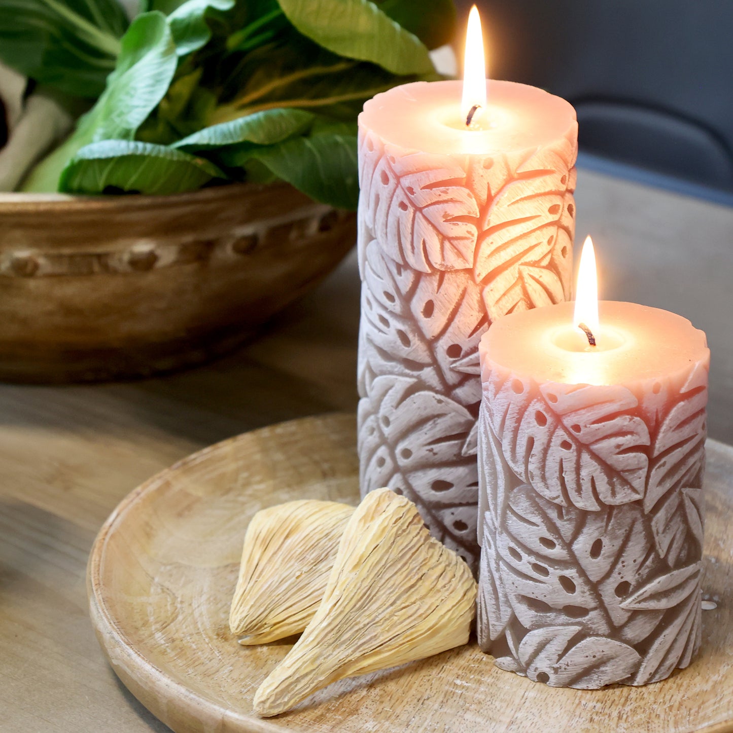 Macon Bloklys med Bladmønster Støvet Rosa 45 Timer H10 cm - Chic Antique Chic Antique