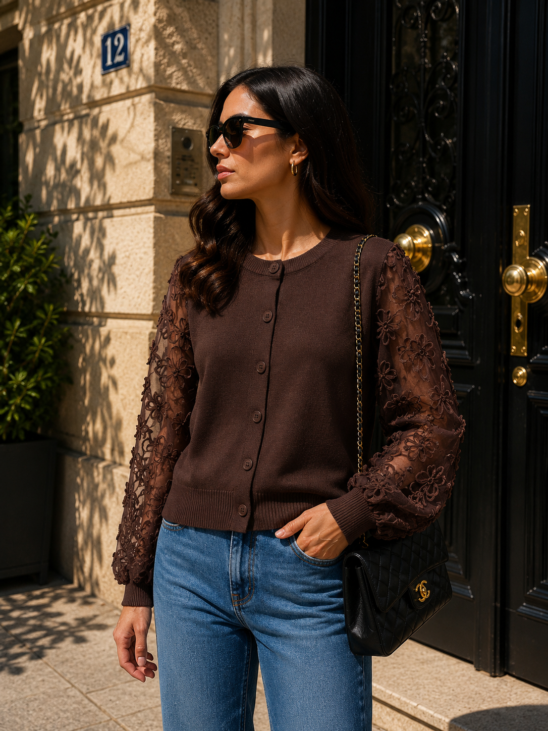 By Clara cardigan med transparente blondeærmer Brun eller Plum Tøj By Clara