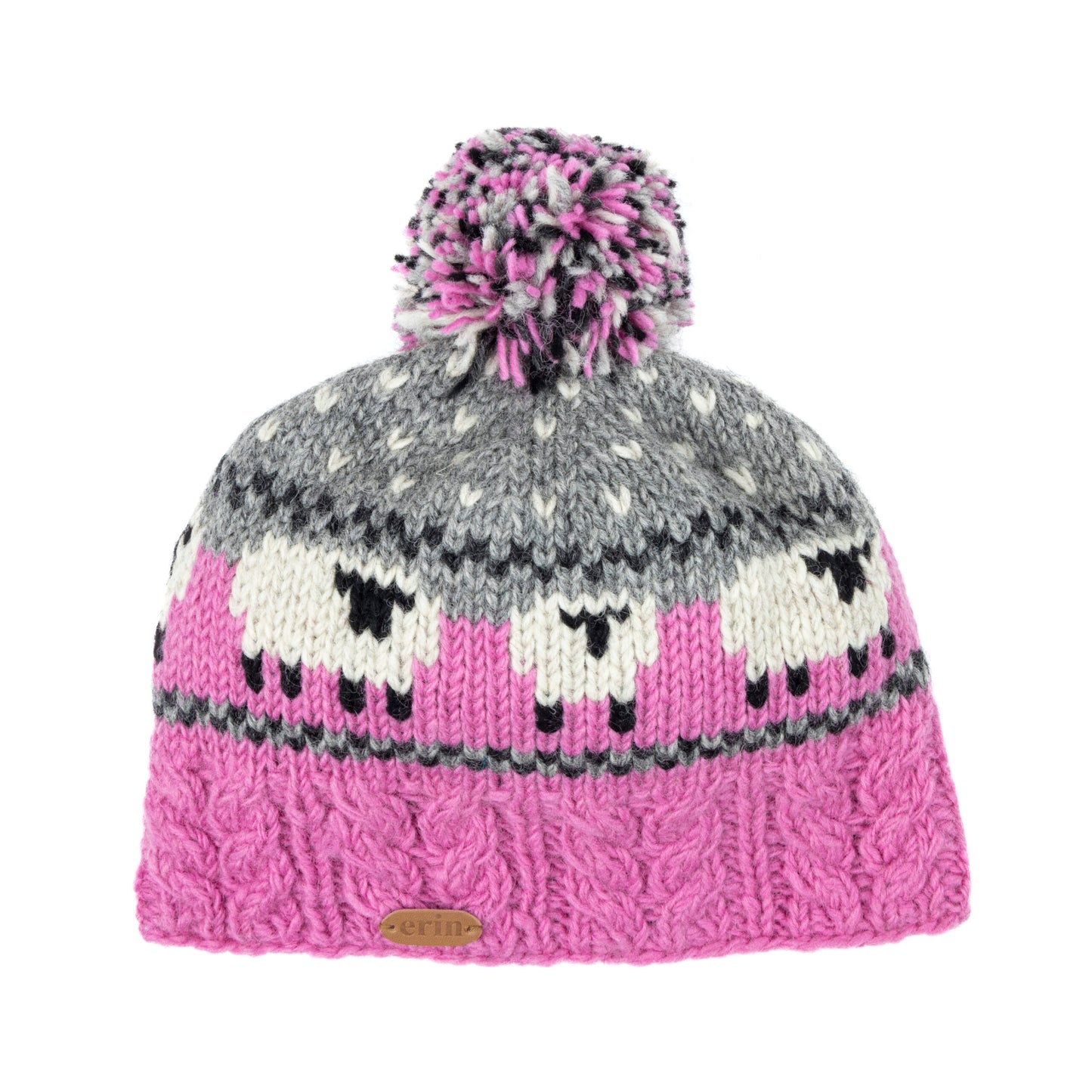 Erin Hue med Får 100% Uld med Foer - Håndstrikket kvast hue Erin Knitwear Pink/grå