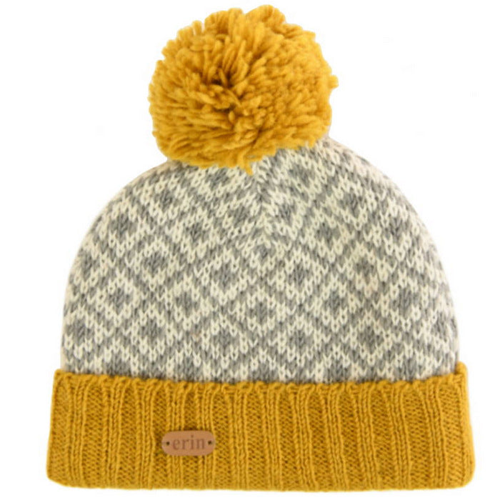 Hue med Kvast Fleur Sennepsgul 100% Uld - Håndstrikket med Foer Erin Knitwear