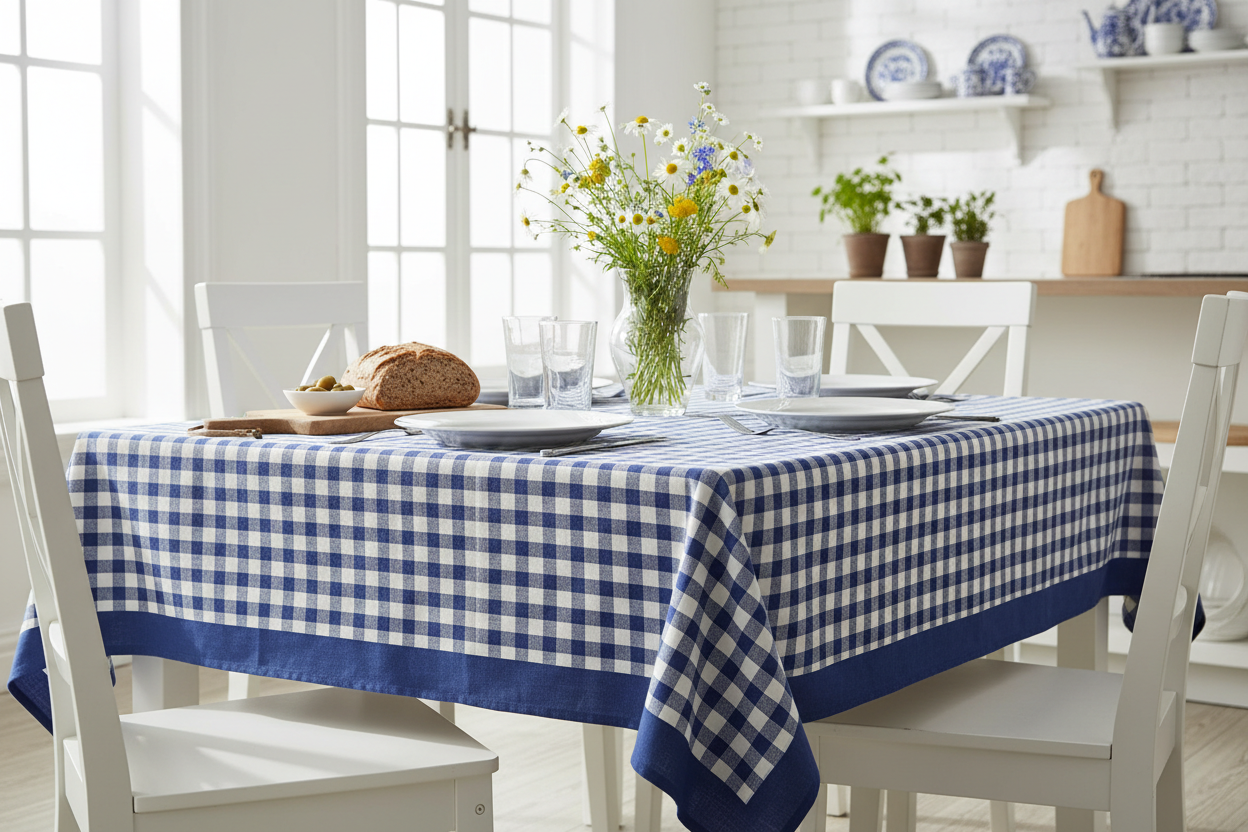 Blå og hvid småternet dug med kantbånd i flere størrelser duge Bamar