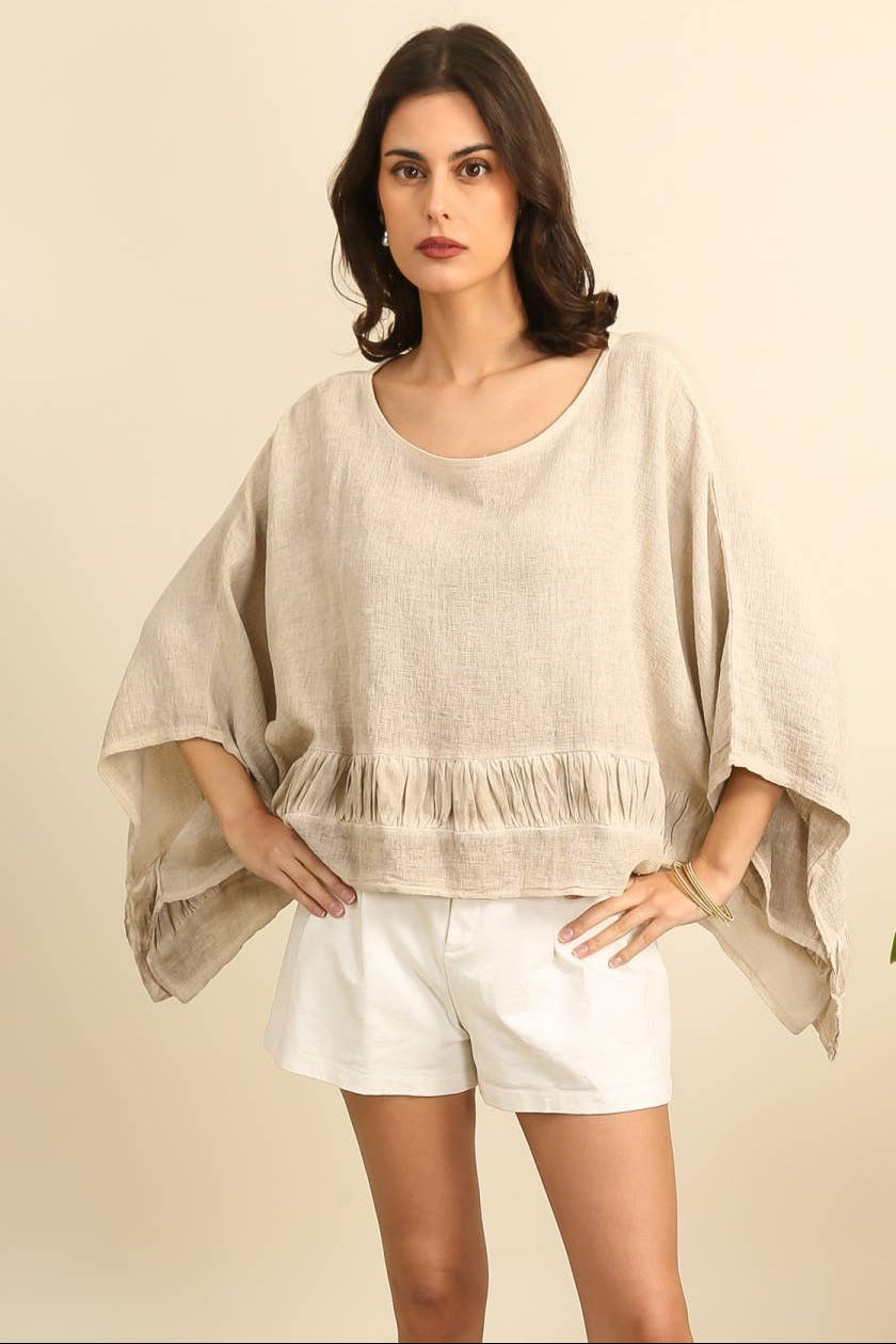 Løstsiddende bluse i 50 % hør og 50% bomuld - Lea & Luc Bluser Lea & Luc Beige