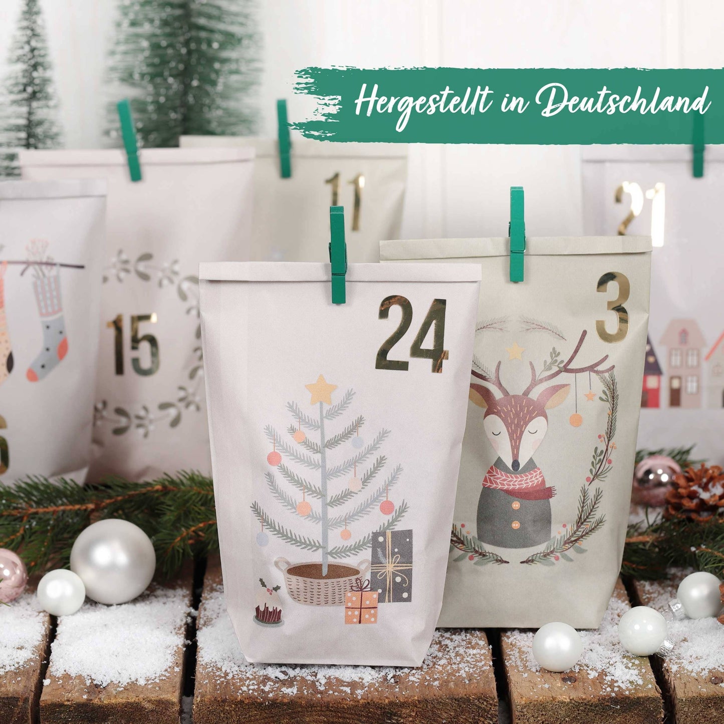 Pakkekalender Poser med smukt print med Grønne Clips Papierdrachen