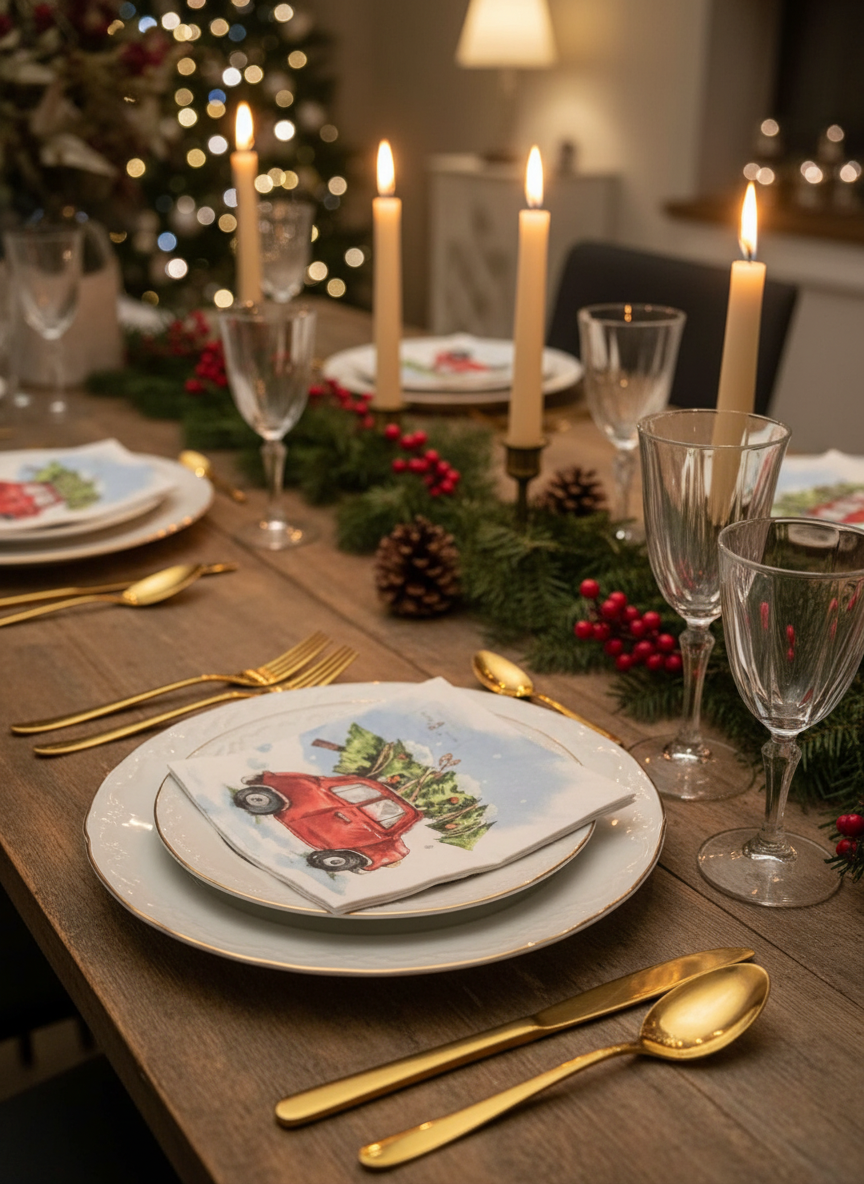 Juleservietter med Rød Bil og Juletræ - 20 stk jule serviet Victoria's design house