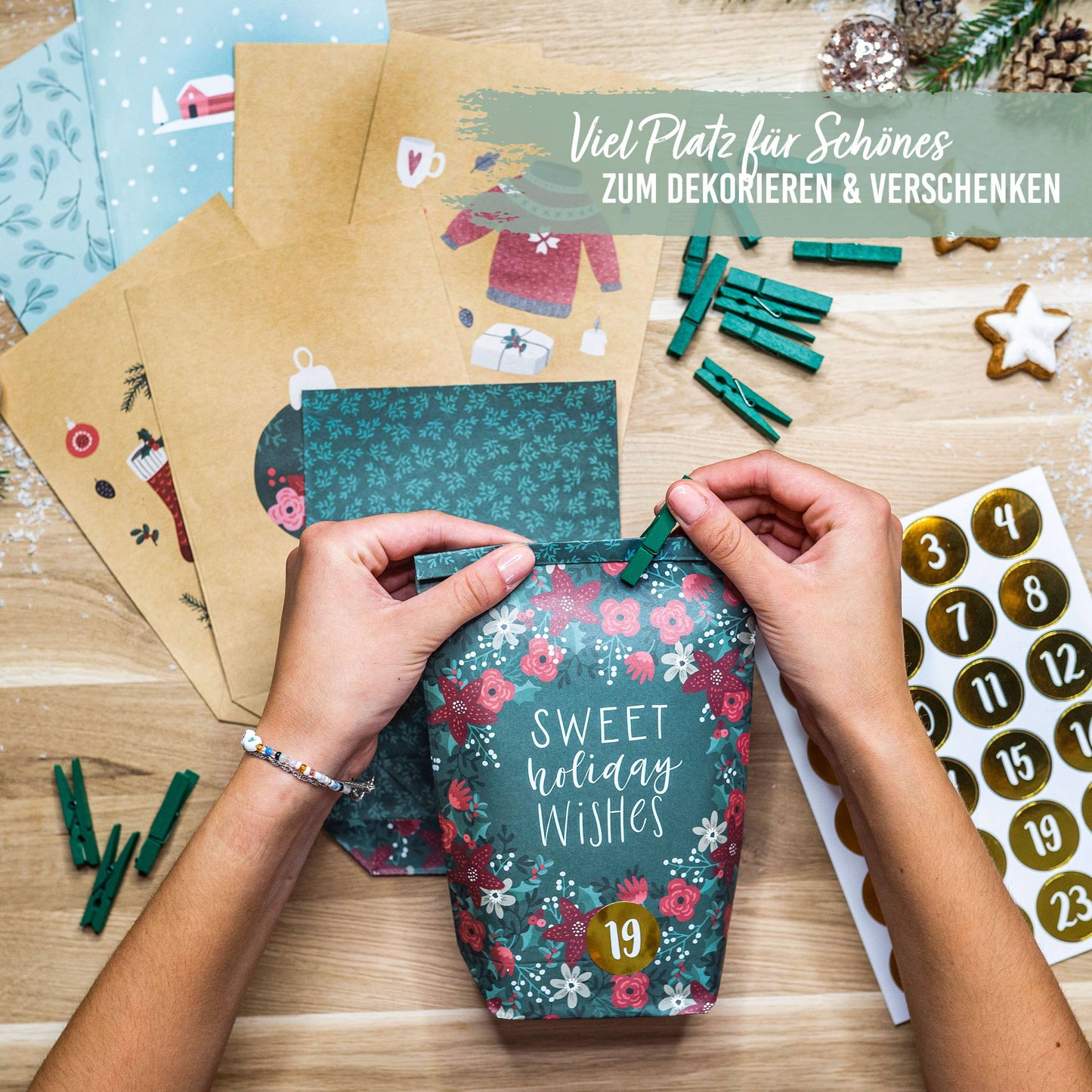 Gør-det-selv adventskalender – 24 grønne kraftposer med tryk | Papierdrachen Højtidspynt Papierdrachen