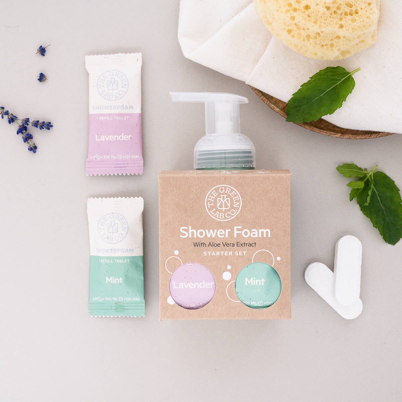 Startsæt bruseskum bodywash tabletter mynte og lavendel