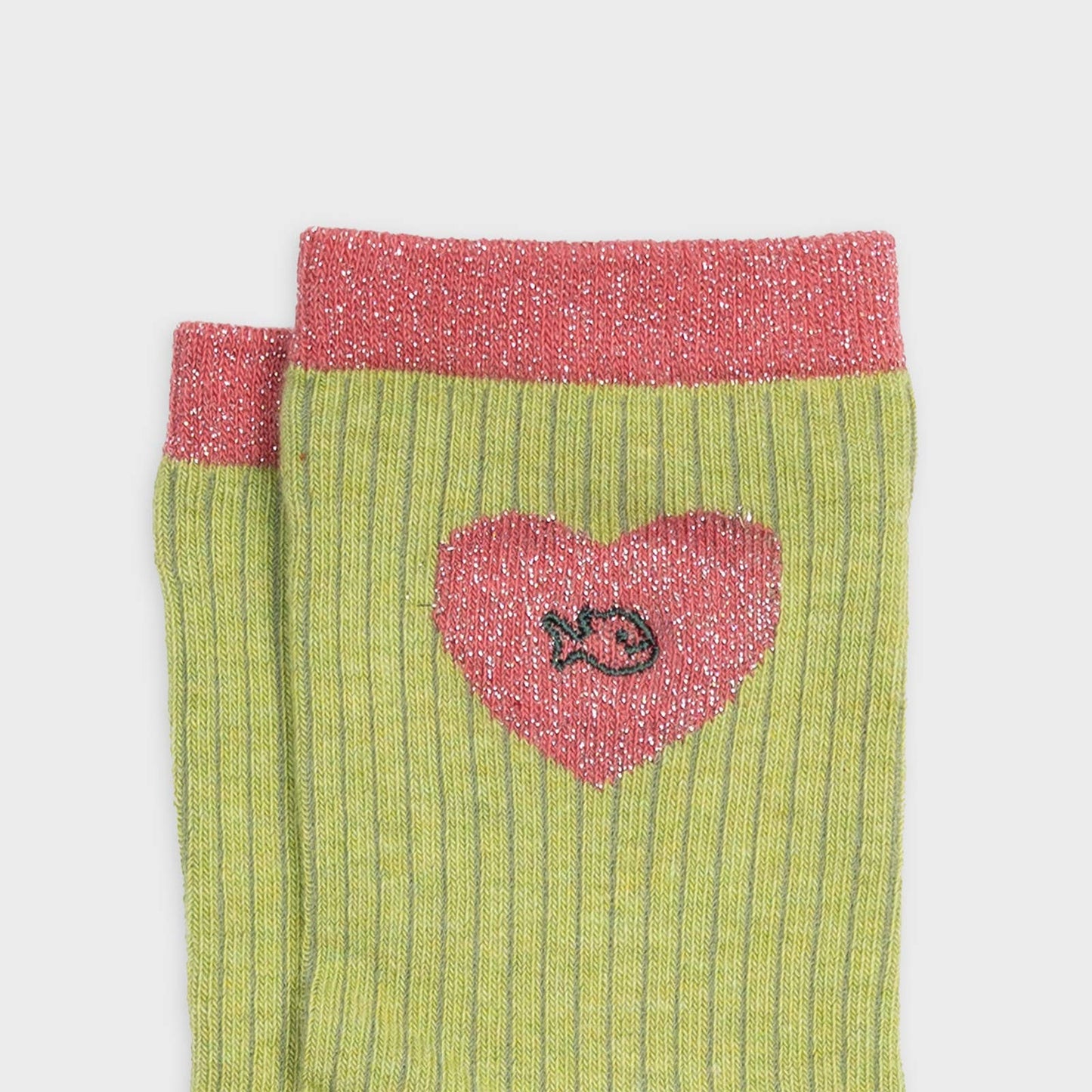Børstede Bomuldssokker med Glitrende Hjerte - Olivengrøn & Pink Ankelstrømper BILLYBELT