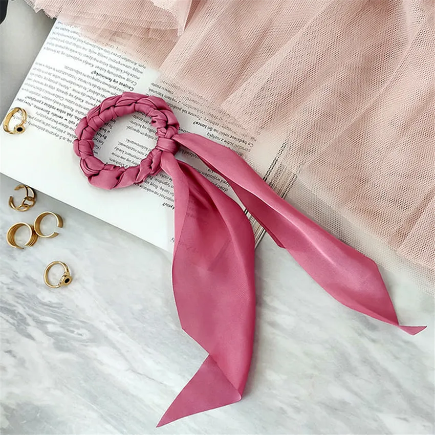 Hår elastik Scrunchie flet med sløjfe satin rosa eCarla