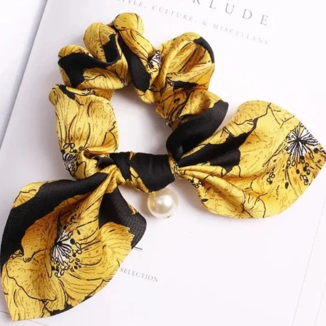 Hår elastik Scrunchie med sløjfe og perle sort sennep eCarla
