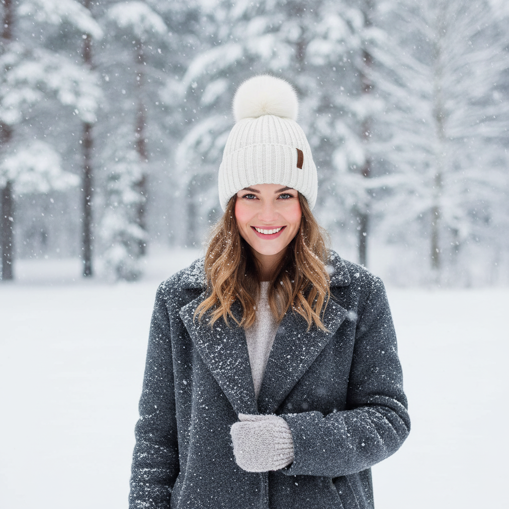 Kvinde med hvid glimmerhue i snelandskab