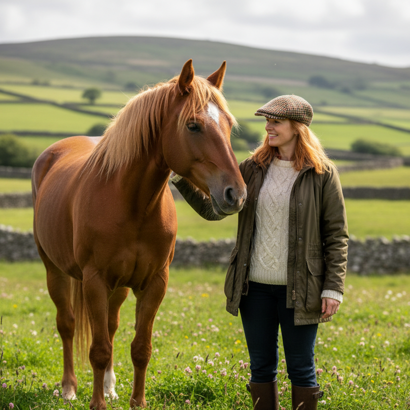 Kvinde med ternet Celtic Ore Tweed kasket og irsk hest