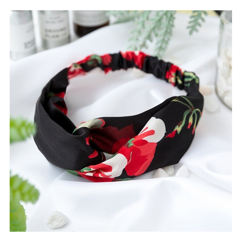 Hårbånd med elastik Sort med rød blomst eCarla