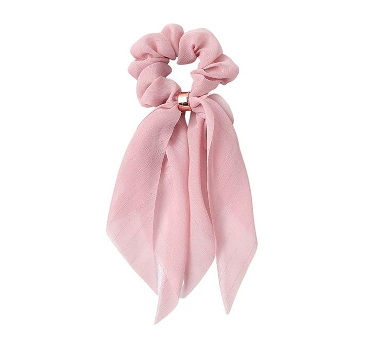 Hår elastik Scrunchie med sløjfe rosa og guldring eCarla