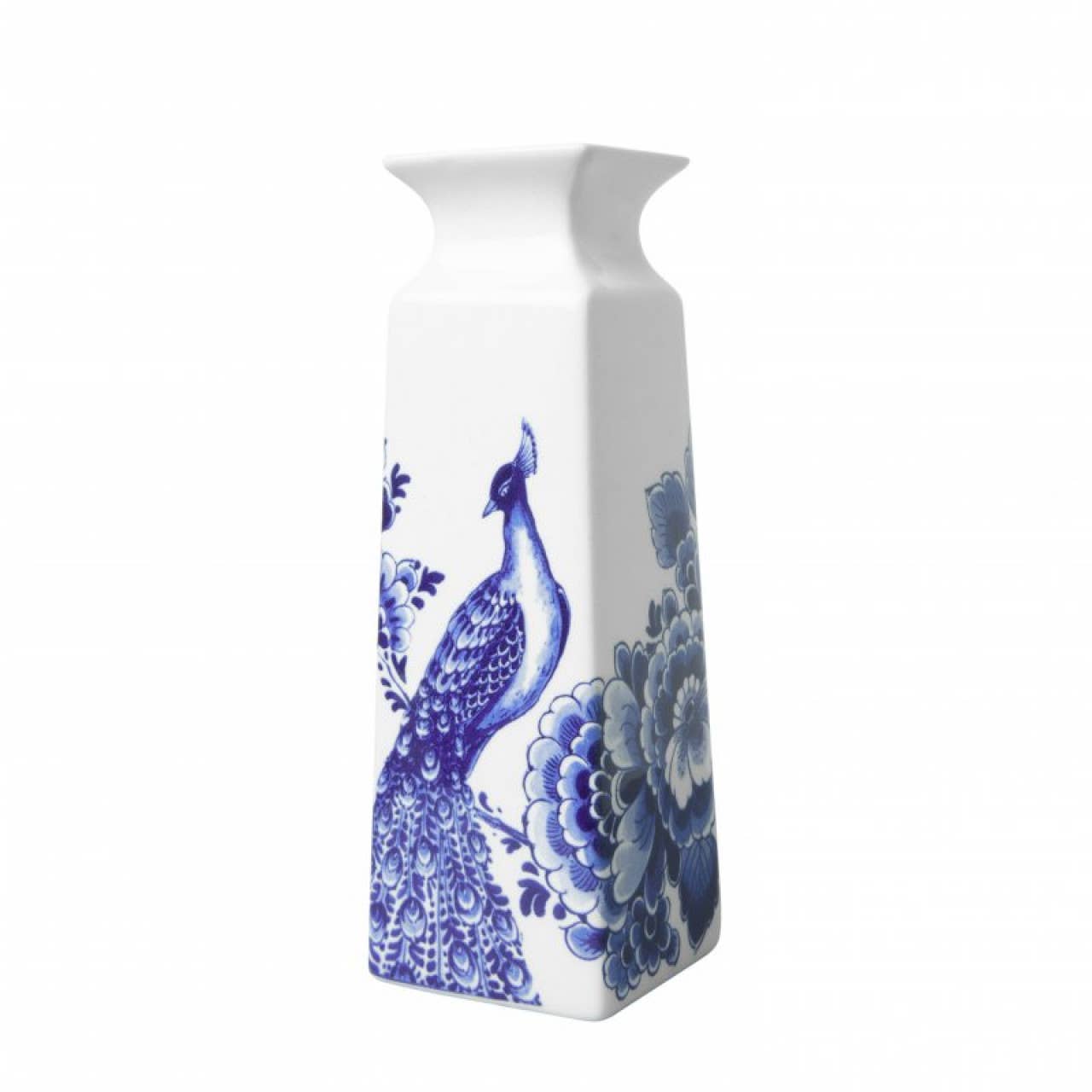 Stor firkantet vase med blomst og påfugl