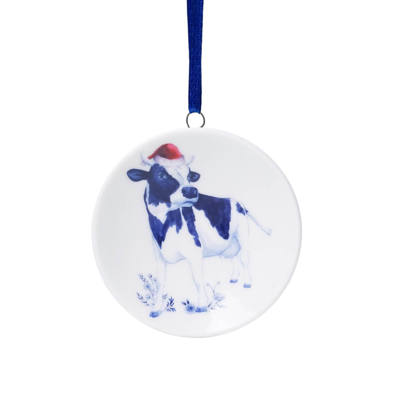 Julepynt miniature vægtallerken ko med nissehue – Ø 6 cm | Heinen Delfts Blauw