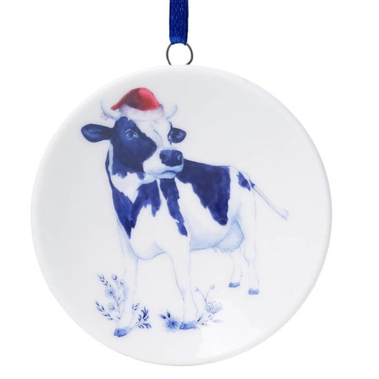 Julepynt miniature vægtallerken ko med nissehue – Ø 6 cm | Heinen Delfts Blauw Julepynt Heinen Delfts Blauw