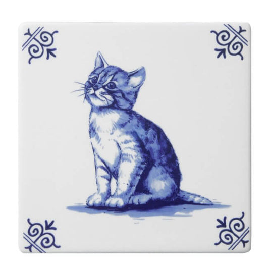 Flise med Kat – 13 × 13 cm | Heinen Delfts Blauw Dekorationsartikler Heinen Delfts Blauw