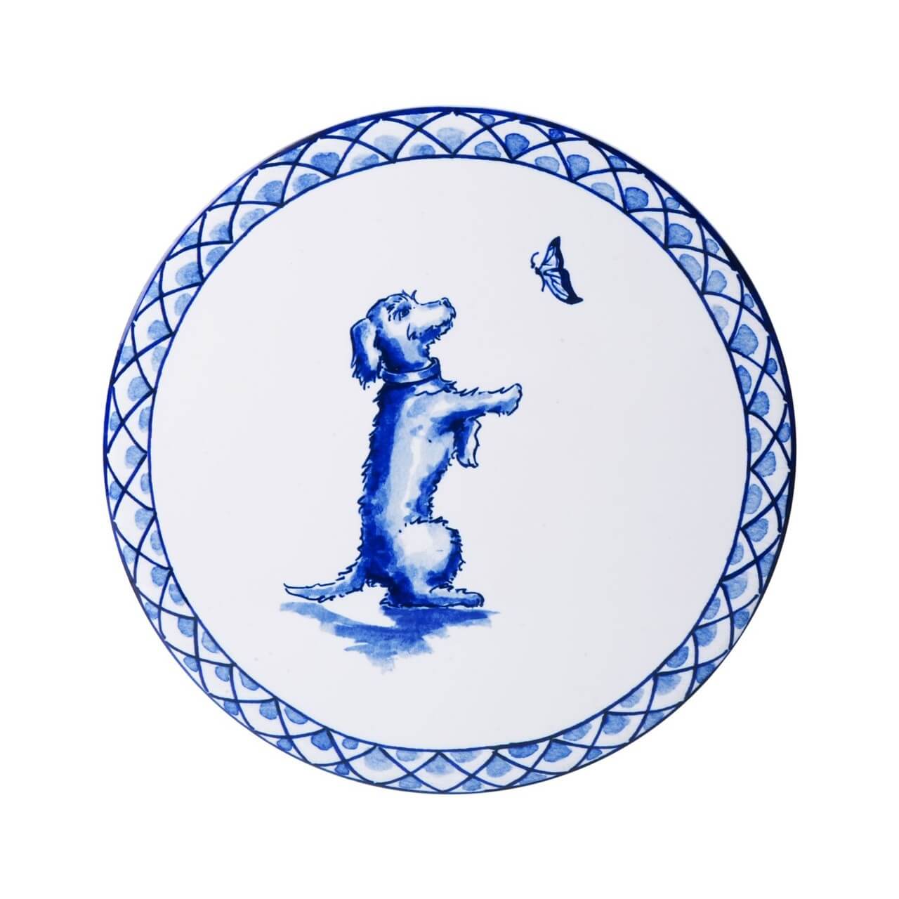 Bordskåner med gravhunden Nhaan – Ø 18 cm | Heinen Delfts Blauw