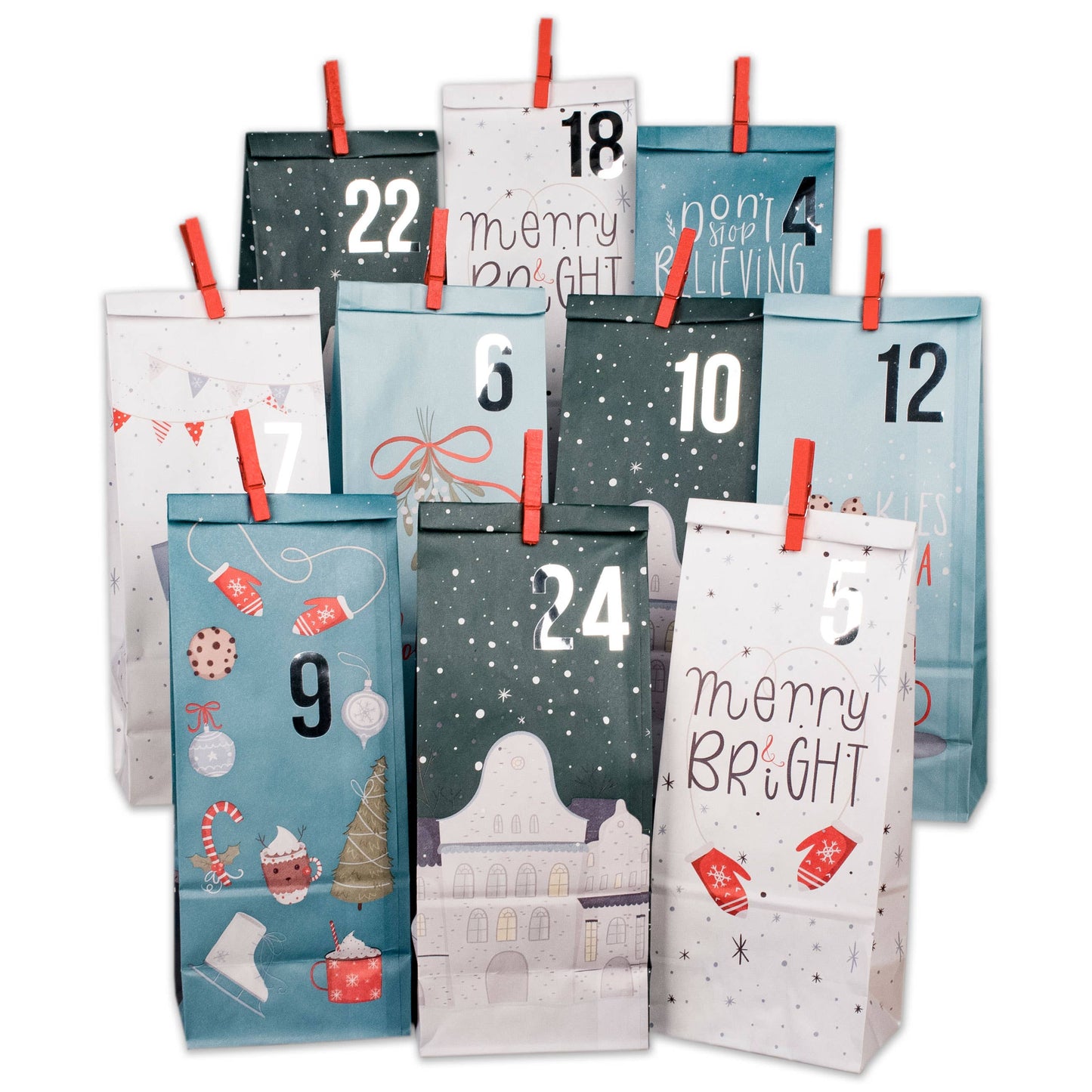 Gør-det-selv adventskalender – 24 juleblå kraftposer med tryk | Papierdrachen Højtidspynt Papierdrachen