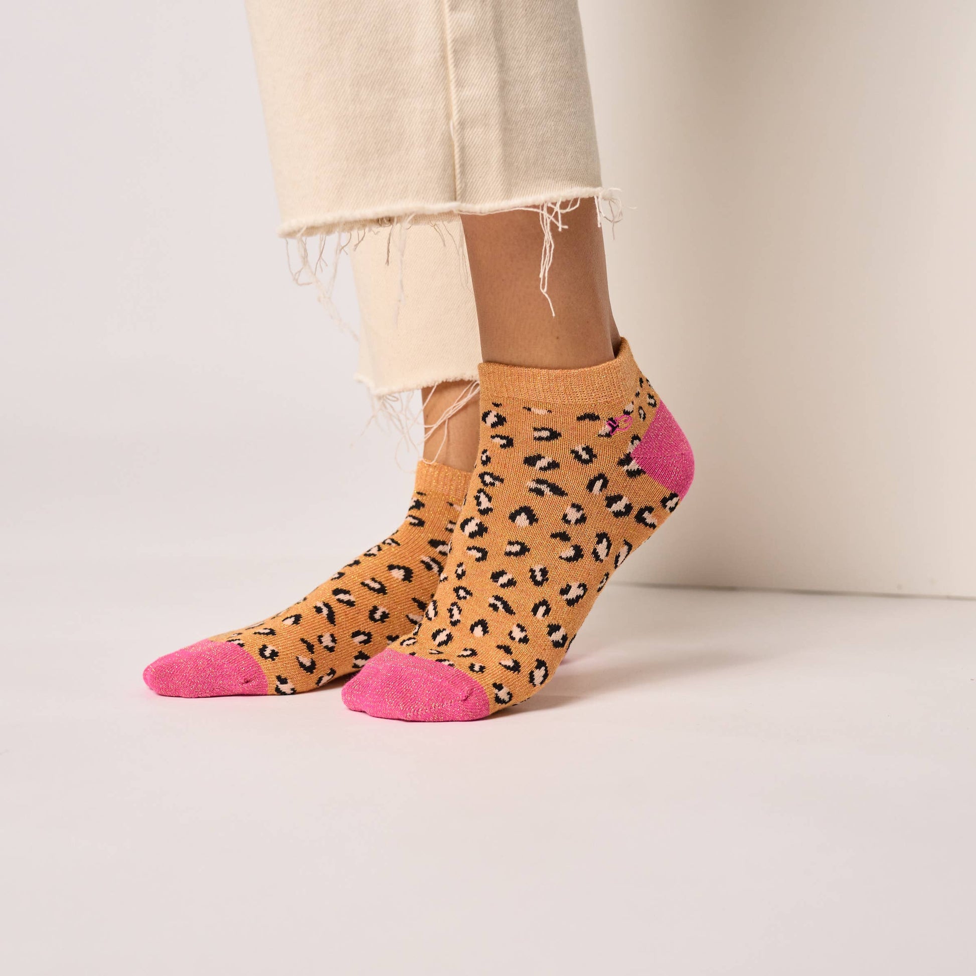 Glitrende Ankelstrømper med Leopardmønster - Orange & Pink Sokker BILLYBELT