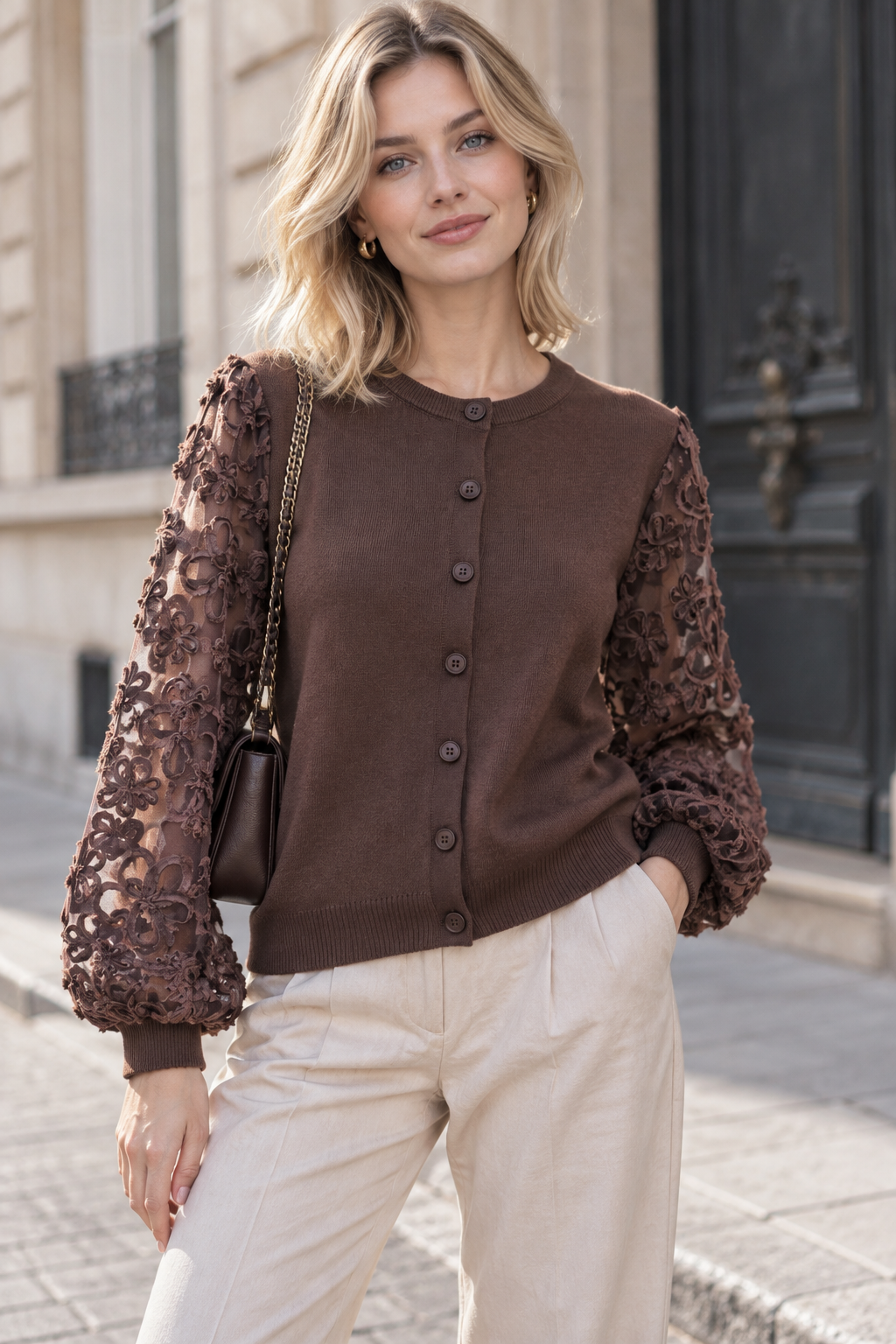 By Clara cardigan med transparente blondeærmer Brun eller Plum Tøj By Clara