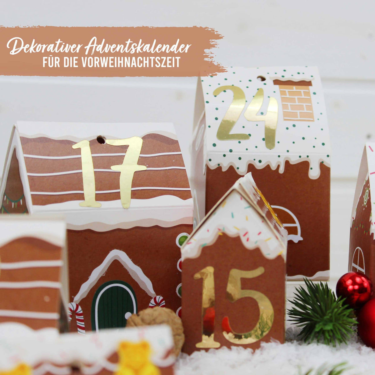 Adventskalender med 24 peberkagehuse i karton | Papierdrachen Højtidspynt Papierdrachen