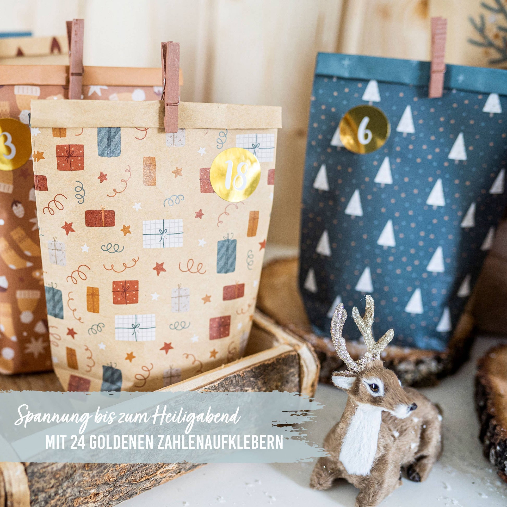 Gør-det-selv adventskalender – 24 trykte kraftpapirposer i petrol og brun | Papierdrachen Højtidspynt Papierdrachen