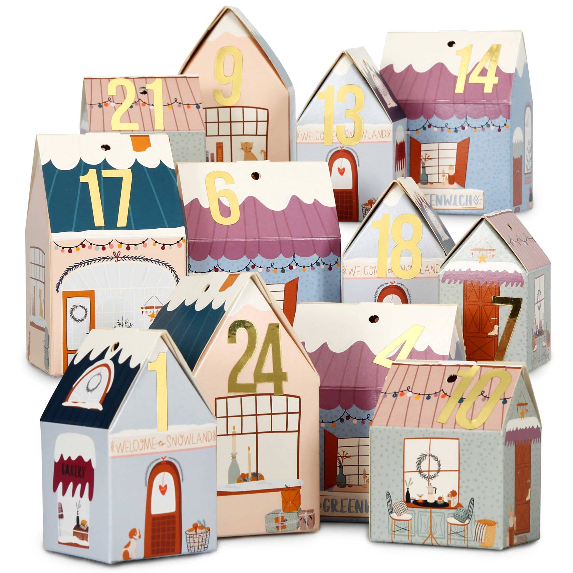 Adventskalender – 24 husæsker i farverig julelandsby | Papierdrachen Julepynt Papierdrachen
