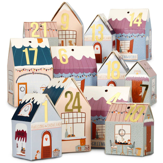 Adventskalender – 24 husæsker i farverig julelandsby | Papierdrachen Julepynt Papierdrachen