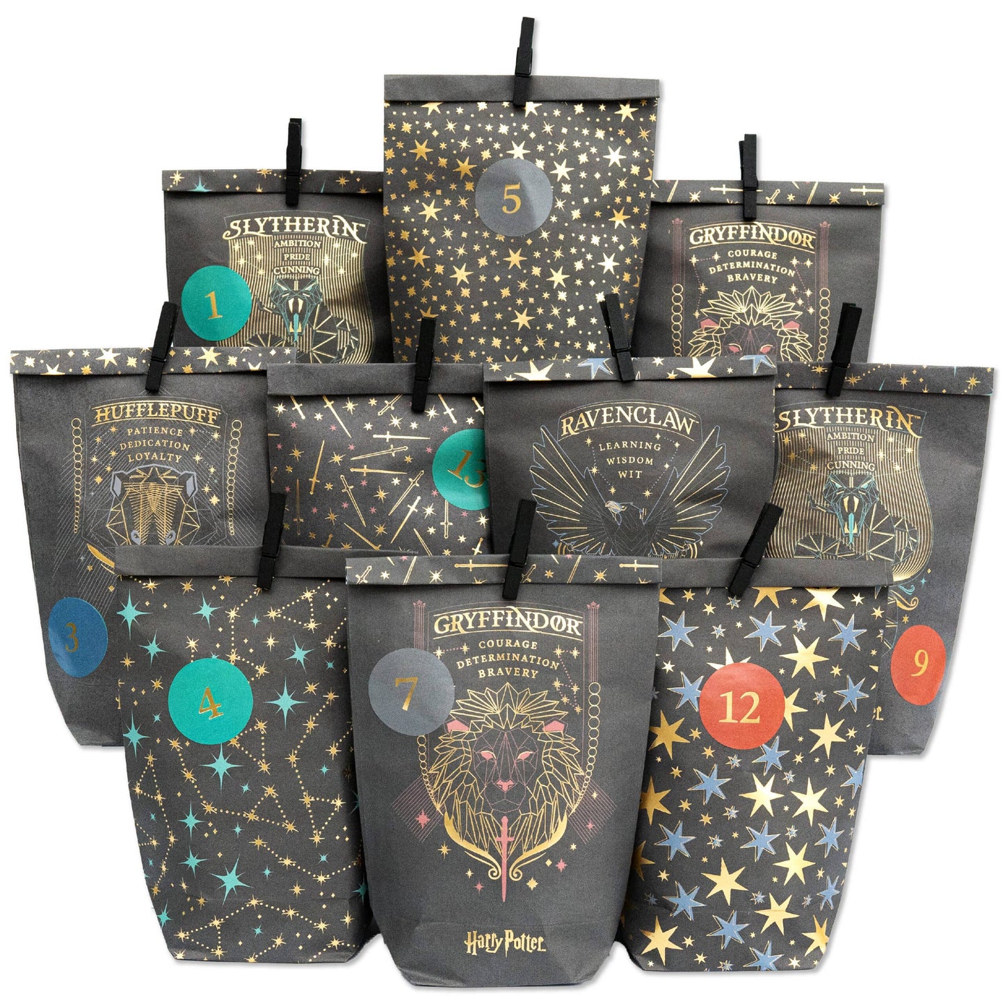 Gør-det-selv adventskalender – Harry Potter – 24 sorte trykte poser med træclips | Papierdrachen Højtidspynt Papierdrachen