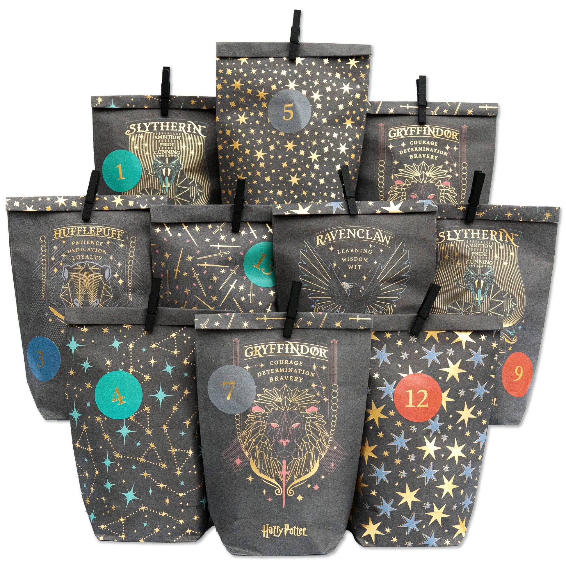 Gør-det-selv adventskalender – Harry Potter – 24 sorte trykte poser med træclips | Papierdrachen Højtidspynt Papierdrachen
