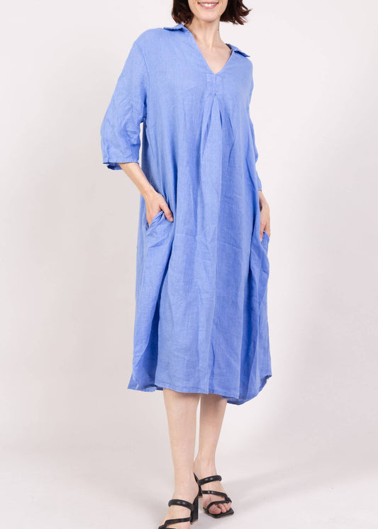 Hør kjole med V-hals og Lommer - One Size - Fås i flere farver L'Emotion blå One-size