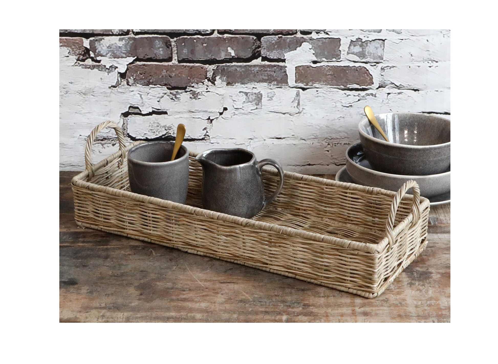 Bakke i Rattan Flet med Håndtag - Naturfarvet 46 cm Chic Antique