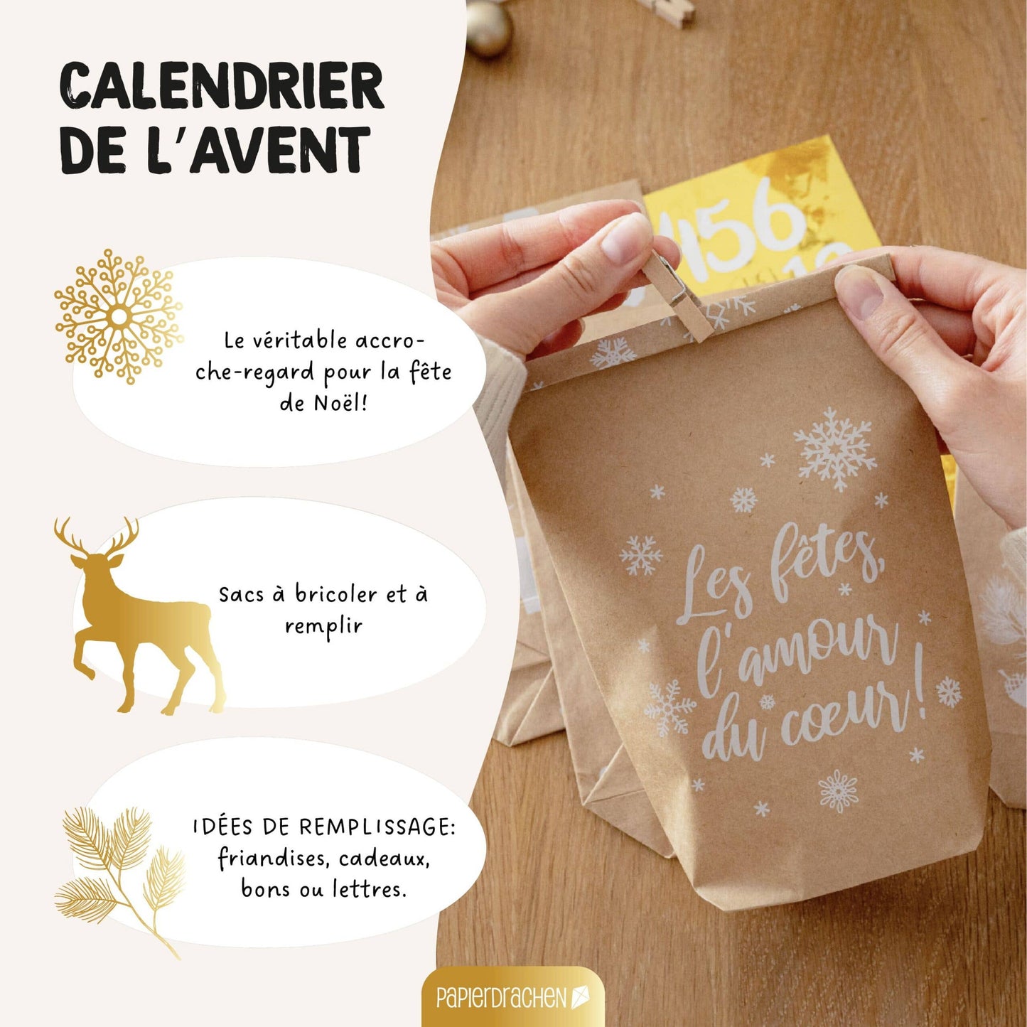 Gør-det-selv adventskalender – Cozy Winter, hvid – 24 poser med træclips | Papierdrachen Højtidspynt Papierdrachen