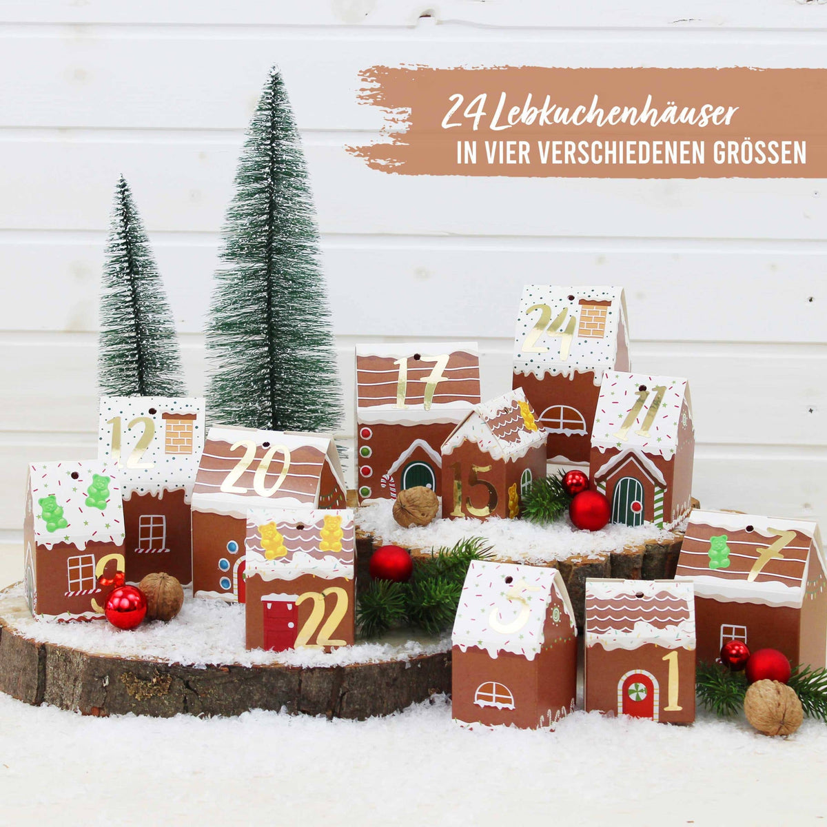 Adventskalender med 24 peberkagehuse i karton | Papierdrachen Højtidspynt Papierdrachen