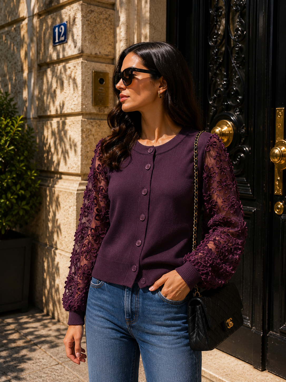 By Clara cardigan med transparente blondeærmer Brun eller Plum Tøj By Clara