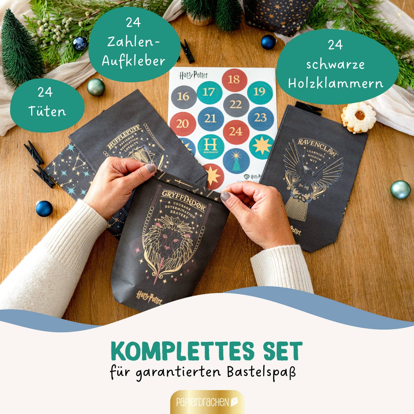 Gør-det-selv adventskalender – Harry Potter – 24 sorte trykte poser med træclips | Papierdrachen Højtidspynt Papierdrachen