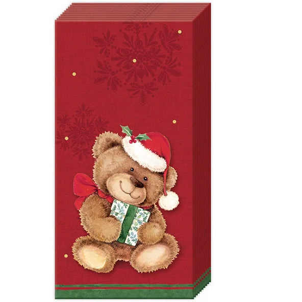 Papirlommetørklæder Christmas Teddy Red – 21 × 21 cm Papirlommetørklæder IHR