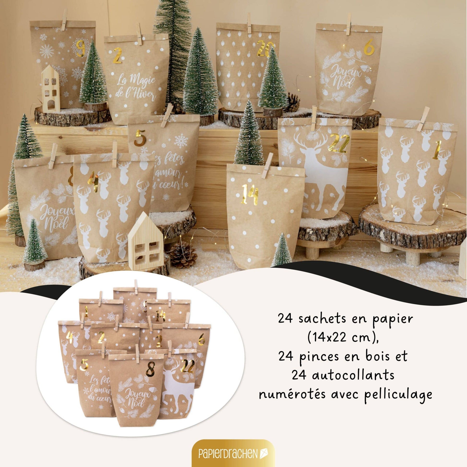 Gør-det-selv adventskalender – Cozy Winter, hvid – 24 poser med træclips | Papierdrachen Højtidspynt Papierdrachen