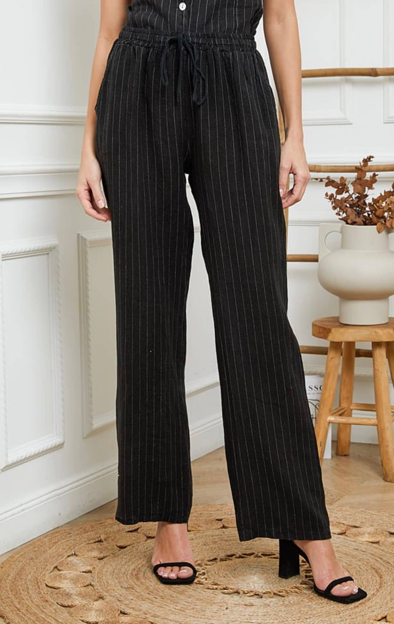 Bukser i 100% Hør Sort Stribet - One Size 38-42 | LÉA & LUC LÉA & LUC