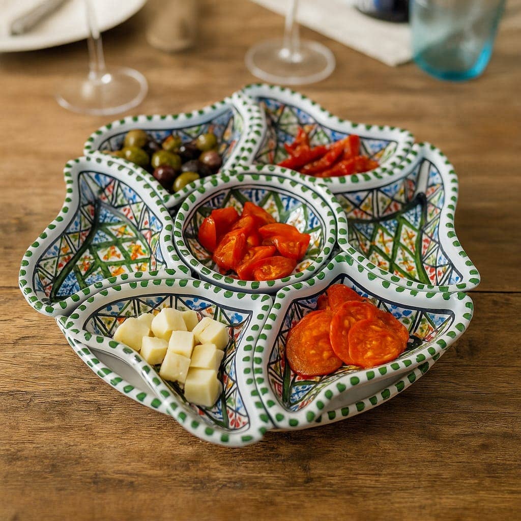 Håndmalet Tunesisk Terracotta tapas fade med 7 Skåle Blomsterform Grøn Etnico del Mondo