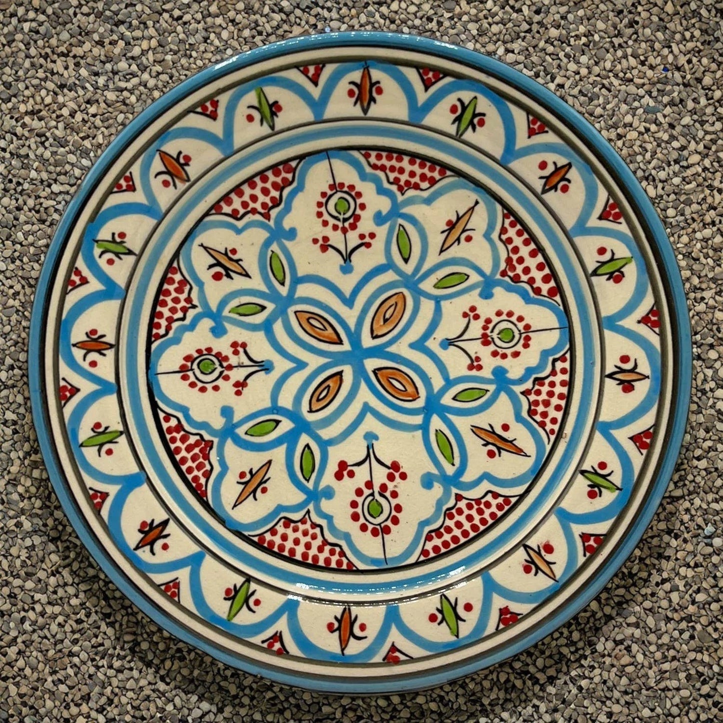 Håndmalet Marokkansk Terracottatallerken med Fod Turkis - 27 cm Etnico del Mondo